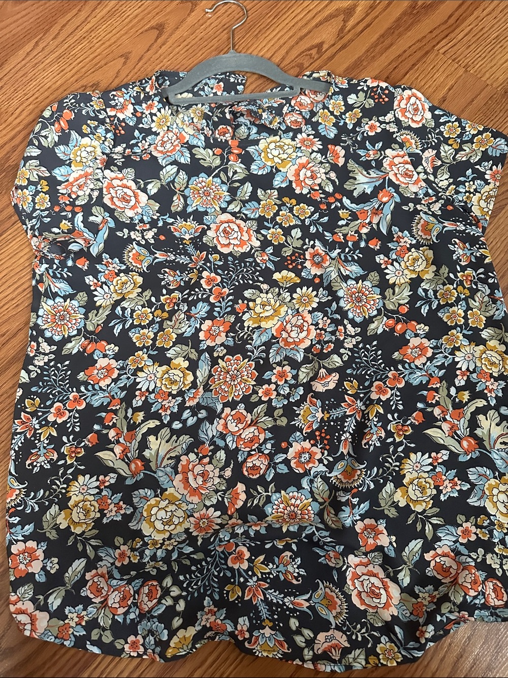 LOFT Floral Short Sleeve Blouse — Navy, Coral, Yellow, Light Blue